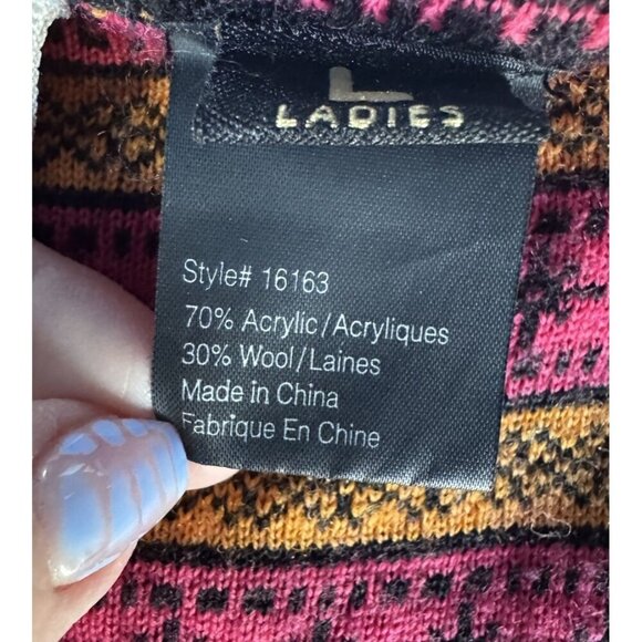 VTG Obermeyer Woman's Sz L Full Zip Black Pink Yellow Fair Isle Cardigan Sweater - Picture 6 of 11